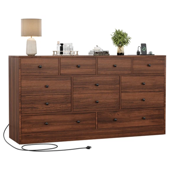 Garvee Cmoda Moderna de 12 Cajones con Estacin de Carga para Dormitorio y Sala, Madera Resistente, Diseo Minimalista, Antivuelco, Gran Almacenaje, Color Natural