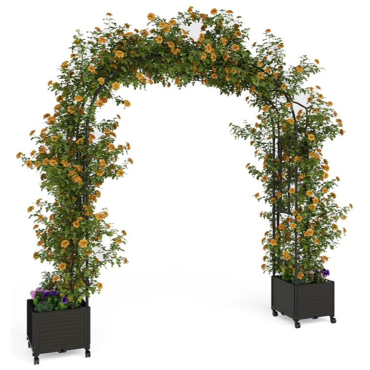 Garvee Arco de Jardín con Jardinera y Ruedas 180x240 cm, Set de Cama de Cultivo Profunda con Enrejado para Plantas Trepadoras, PP Resistente, Negro