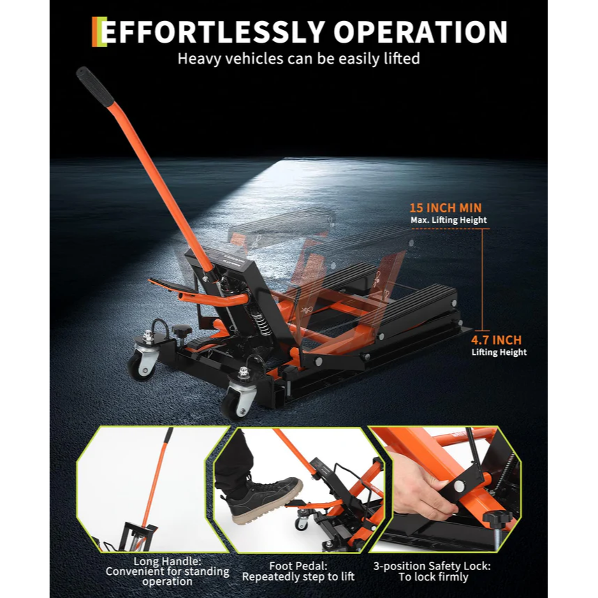 Garvee Elevador Hidráulico para Motocicleta 680kg, Altura Ajustable 12-39cm, Plataforma Antideslizante, Ruedas Giratorias Pesadas, Uso en Taller y Garaje, Negro Naranja