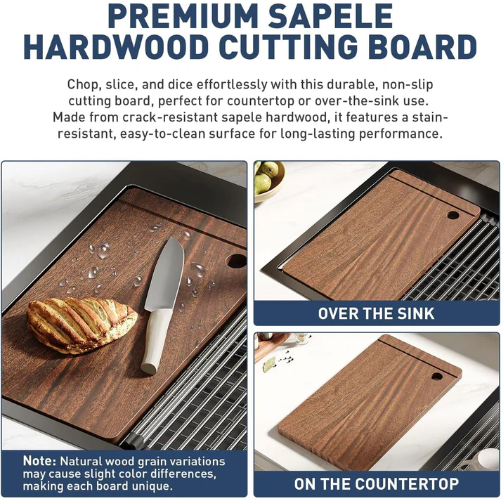 Garvee Fregadero de Acero Inoxidable Calibre 16 Grifo Extraíble de Resorte 304 5 Piezas Empotrado y Encimera para Hogar Cocina y Bar Color Negro Nano 84x56x23cm