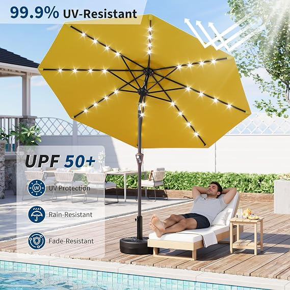 Garvee Sombrilla de Jardín Solar de 270 cm con Luces LED, Inclinación Ajustable y Manivela, Poliéster con Protección UPF, para Terraza y Patio, Amarilla