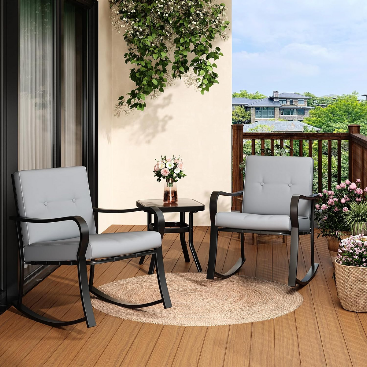 Garvee Set Bistró de Exterior 3 Piezas, 2 Sillas Mecedoras y Mesa de Cristal, Cojines Gris Cálido, Metal Resistente, para Jardín y Terraza