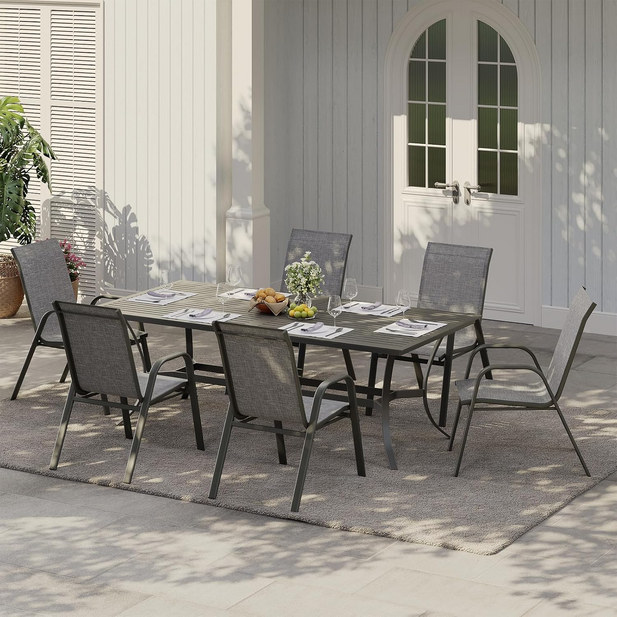 Garvee Set de 4 Sillas de Jardín Apilables de Textilene Transpirable y Estructura de Acero con Tornillos Mejorados, para Exterior, Terraza y Balcón, Gris y Negro
