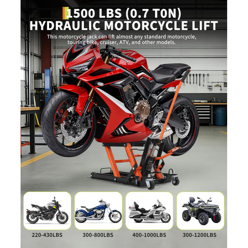 Garvee Elevador Hidráulico para Motocicleta 680kg, Altura Ajustable 12-39cm, Plataforma Antideslizante, Ruedas Giratorias Pesadas, Uso en Taller y Garaje, Negro Naranja