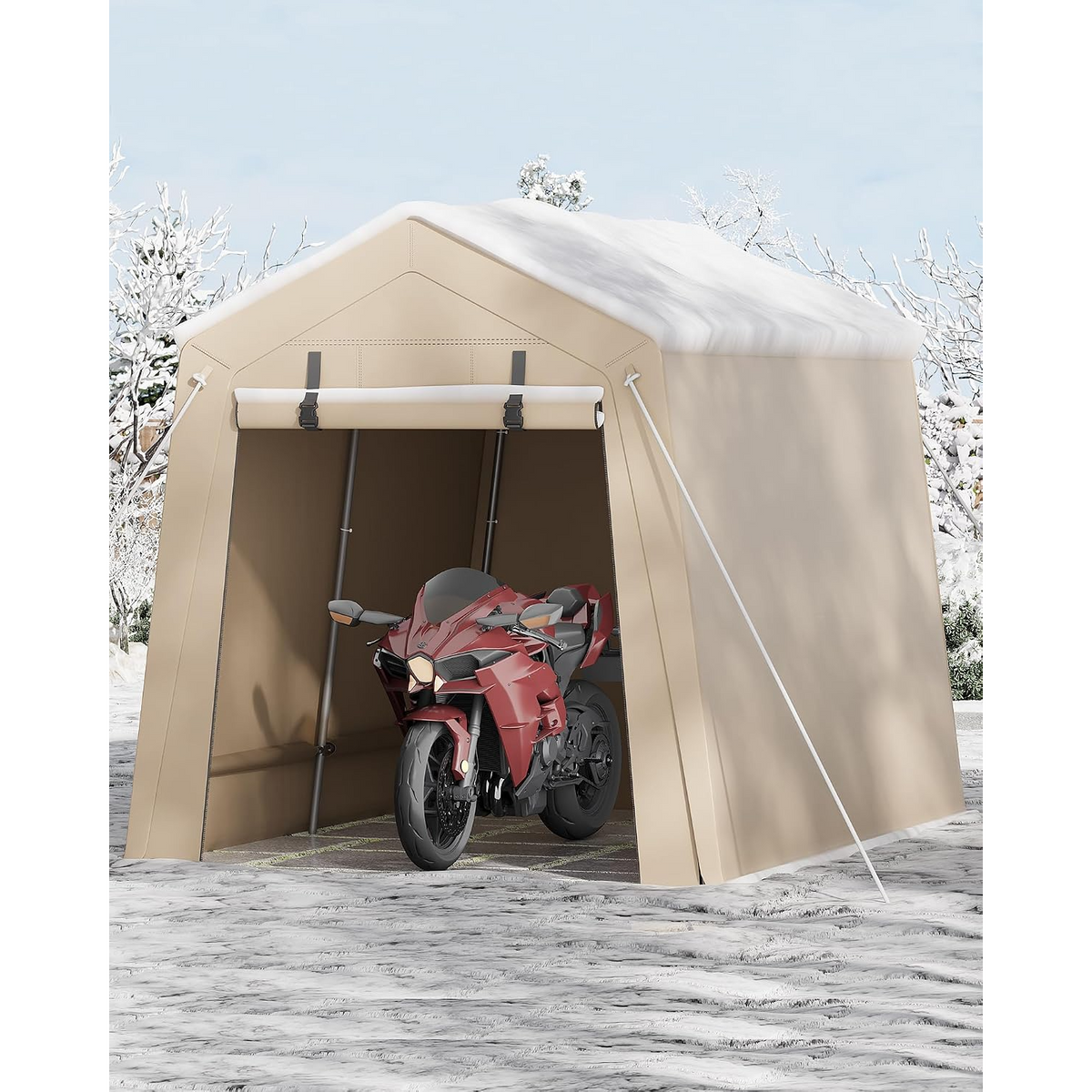 Garvee Cobertizo para Moto 1,8x1,8x2,1m Carpa Garaje Exterior Impermeable Lona PE 200g con Puerta Cremallera para Jardín Caqui