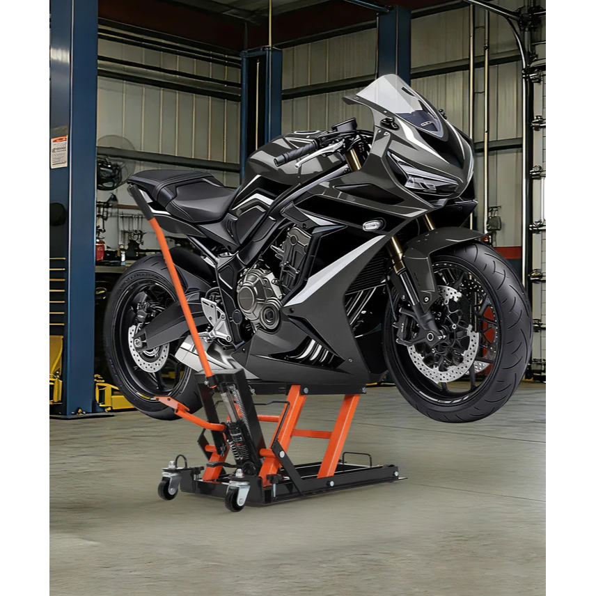 Garvee Elevador Hidráulico para Motocicleta 680kg, Altura Ajustable 12-39cm, Plataforma Antideslizante, Ruedas Giratorias Pesadas, Uso en Taller y Garaje, Negro Naranja