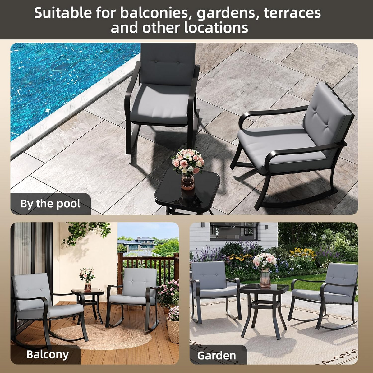 Garvee Set Bistró de Exterior 3 Piezas, 2 Sillas Mecedoras y Mesa de Cristal, Cojines Gris Cálido, Metal Resistente, para Jardín y Terraza
