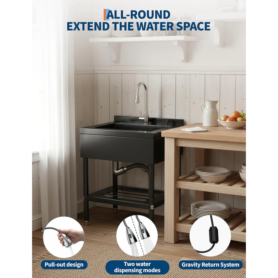 Garvee Fregadero Multifunción de Acero Inoxidable 304, 65.28×52.58×100.33cm con Grifo 360°, Acabado Negro y Estante Inferior, para Garaje y Lavandería