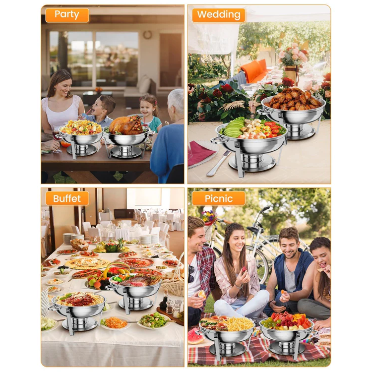 Garvee Set Buffet Redondo 2-Pack 4.7L Acero Inoxidable con Bandejas y Marco Plegable para Catering y Eventos, Durable y Versátil, Plateado