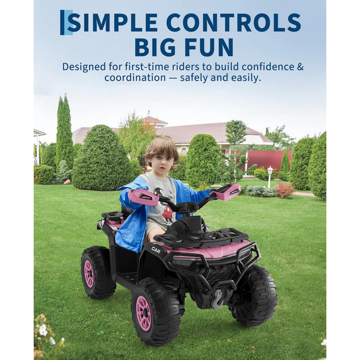 Garvee Quad Eléctrico 12V, 2 Motores, Suspensión, LED, Bluetooth, Música, USB, Control Parental, Ruedas de Plástico Off-Road, 3-6 años, Exterior, Rosa