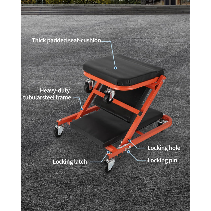 Garvee Asiento Rastrillo Mecánico 2 en 1 Z-Style 91cm, Acero Reforzado, 6 Ruedas, 149.7kg, 2 Pares de Guantes, Negro y Naranja, para Taller