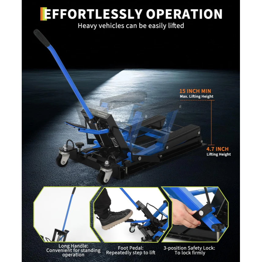 Garvee Elevador Hidráulico para Motocicleta 680kg, Altura Regulable 12-39cm, Plataforma Antideslizante, Ruedas Pesadas Giratorias, Ideal para Taller y Garaje, Negro Azul