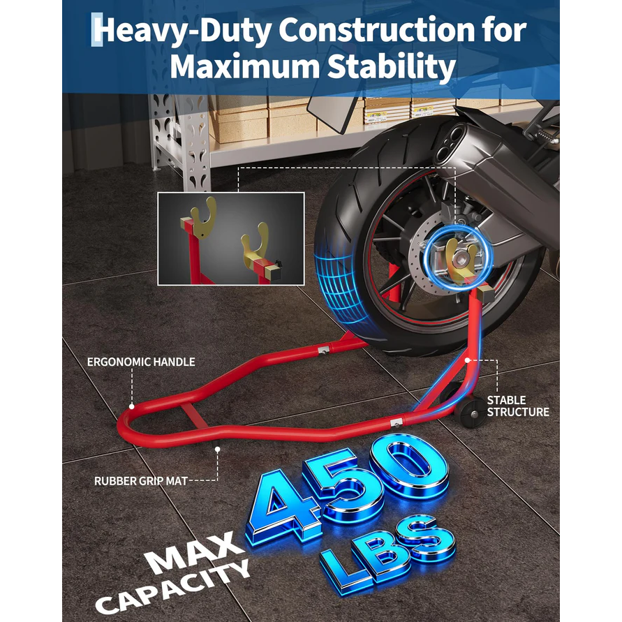 Garvee Elevador para Moto 204 kg Capacidad, Ajustable U+L, Acero Reforzado, Base Antideslizante para Taller y Mantenimiento