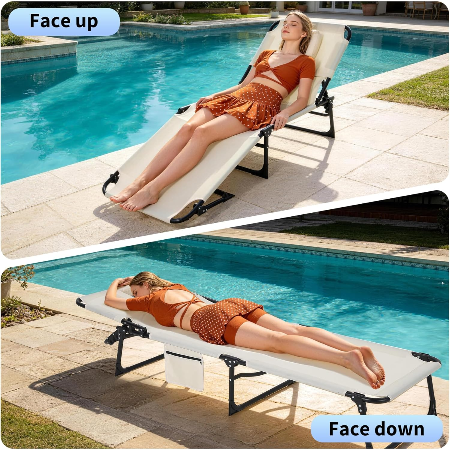 Garvee Tumbona de Playa con Soporte Facial, Respaldo Ajustable 5 Posiciones, Tela Oxford 600D, Plegable, Reposacabezas y Bolsillo Lateral, para Jardín y Playa, Beige