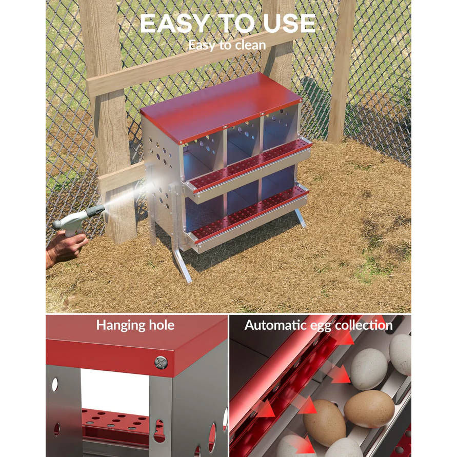 Garvee Caja de Nido para Gallinas 2 Capas 6 Compartimentos con Patas, Acero Galvanizado, Con 6 Huevos Falsos, Recogida Automática Ventilación, Fácil Limpieza, Rojo Verde