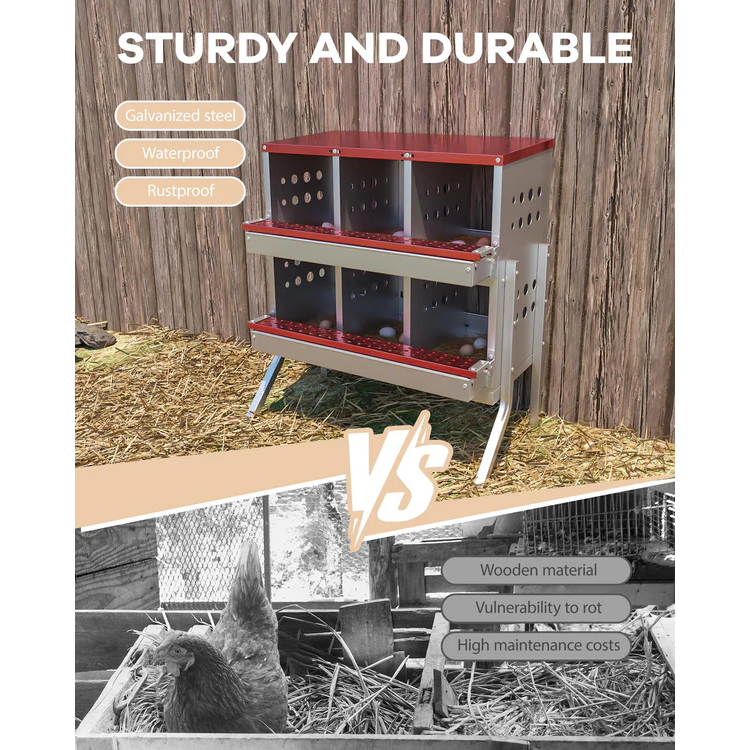Garvee Caja de Nido para Gallinas 2 Capas 6 Compartimentos con Patas, Acero Galvanizado, Con 6 Huevos Falsos, Recogida Automática Ventilación, Fácil Limpieza, Rojo Verde