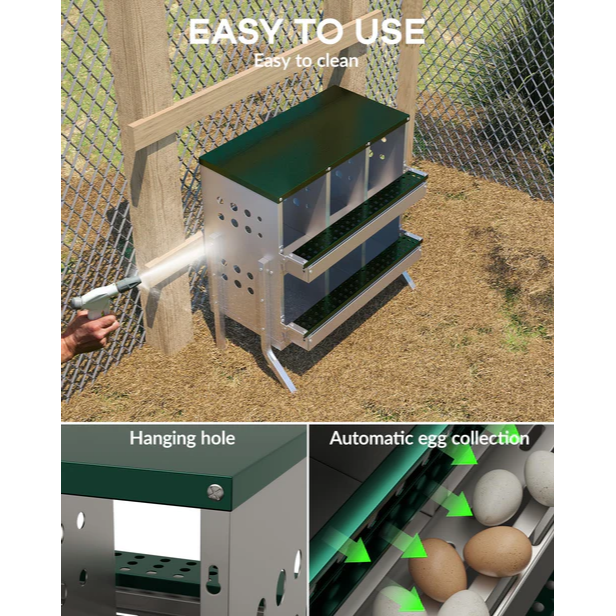 Garvee Caja de Anidación para Gallinas 2 Capas 6 Compartimentos con Patas, Acero Galvanizado, Con 6 Huevos Falsos, Bandeja Recogedora Gallineros, Verde Oscuro
