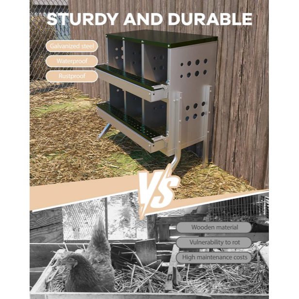 Garvee Caja de Anidación para Gallinas 2 Capas 6 Compartimentos con Patas, Acero Galvanizado, Con 6 Huevos Falsos, Bandeja Recogedora Gallineros, Verde Oscuro