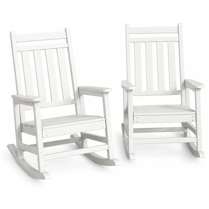 Garvee Set de 2 Mecedoras de Exterior en HDPE con Respaldo Alto de Listones, Capacidad de 158 kg, Blanco