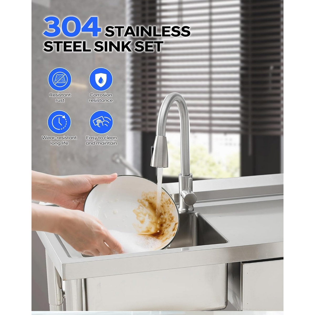 Garvee Fregadero Utility de Pie 99 cm Acero Inoxidable con Cajones para Cocina y Lavandería, Bacha Única, Estante Inferior, Agua Caliente y Fría, Plata