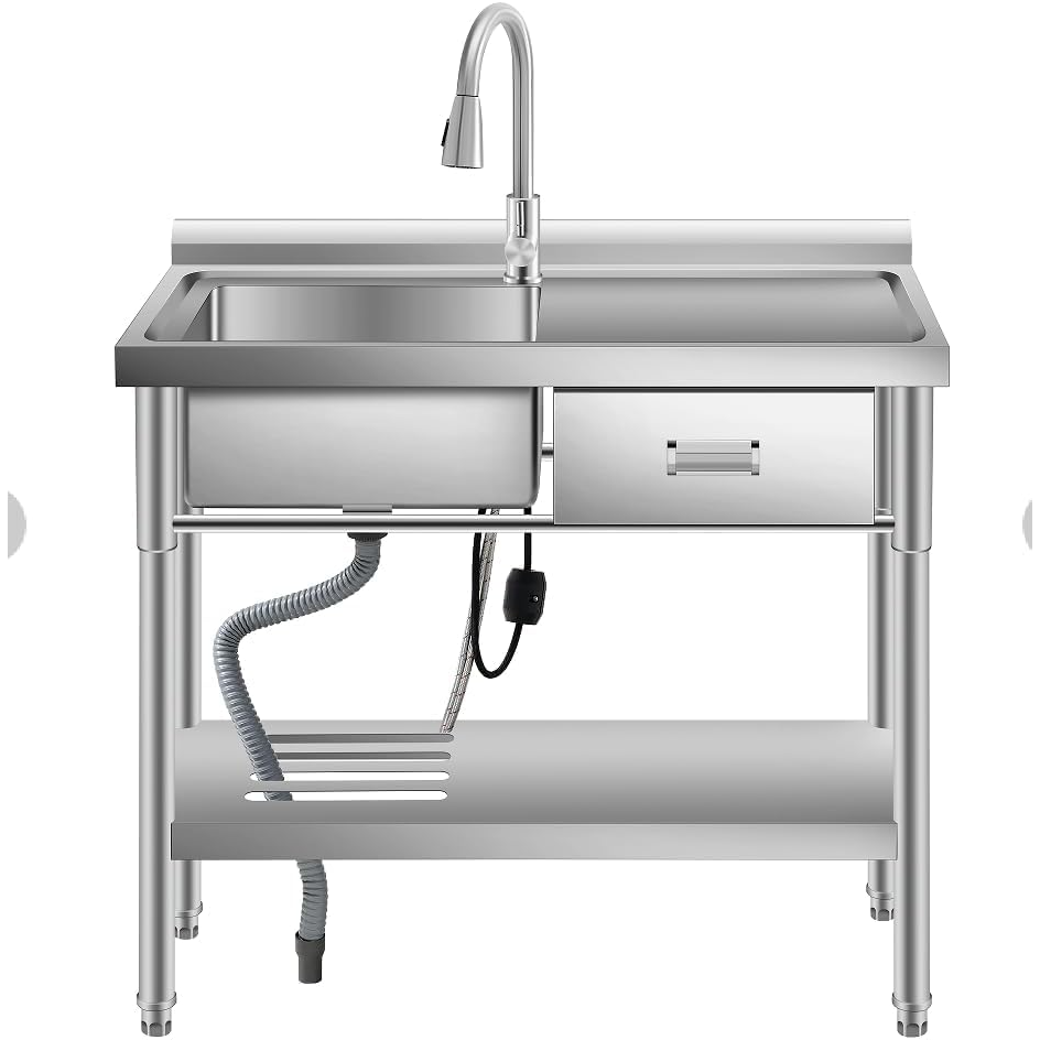 Garvee Fregadero Utility de Pie 99 cm Acero Inoxidable con Cajones para Cocina y Lavandería, Bacha Única, Estante Inferior, Agua Caliente y Fría, Plata