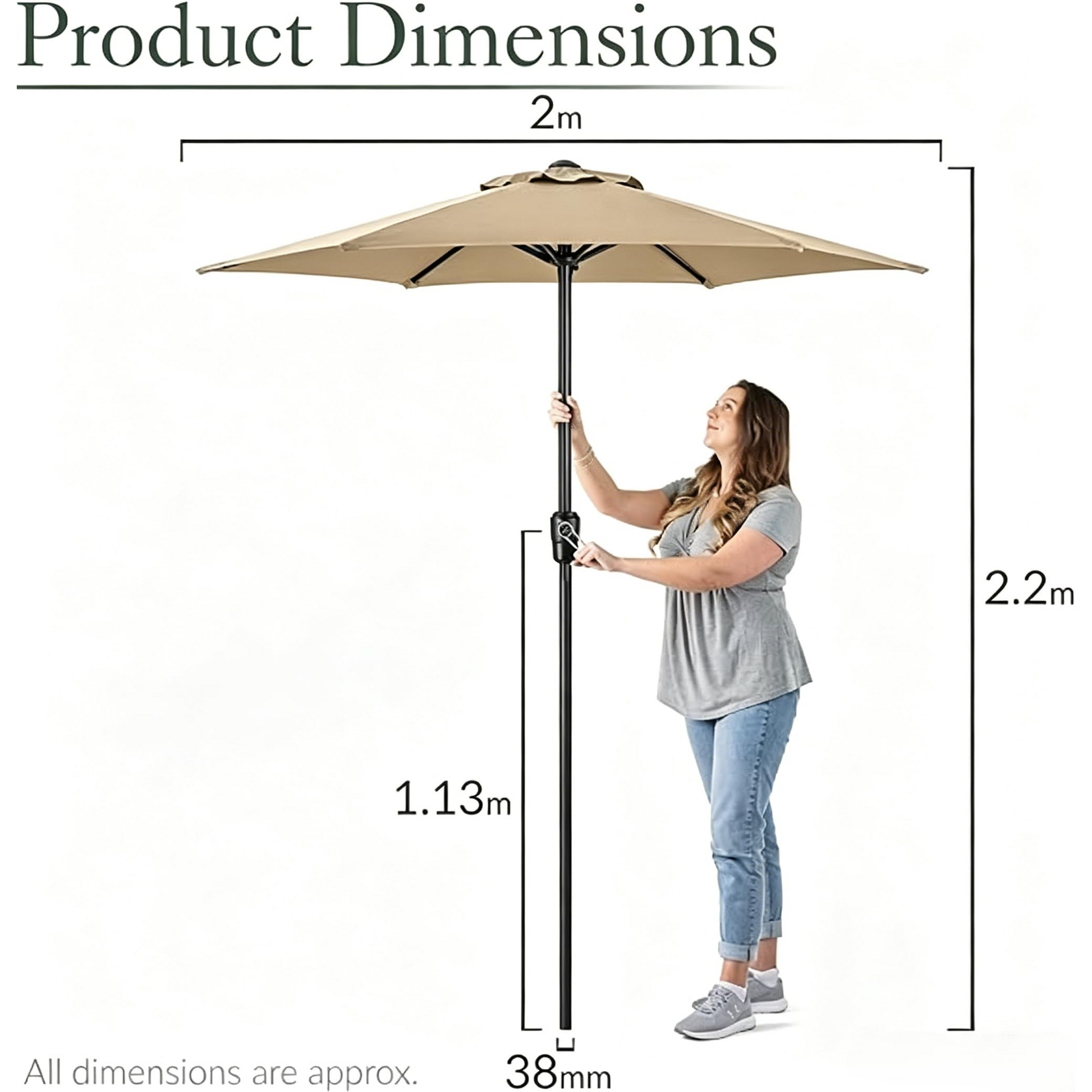Garvee Sombrilla de Exterior de 229 cm, Inclinación Ajustable con Manivela, Mástil de Hierro 38 mm, Tejido Poliéster 180g Anti-UV, Color Caqui