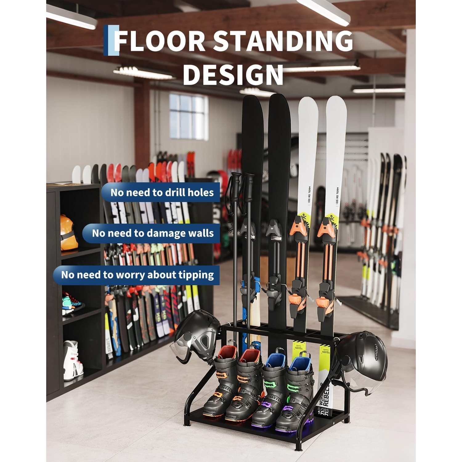 Garvee Soporte para Esquís de Acero Resistente, Modelo Frontal y Posterior, 58.4 × 40.6 × 47.8 cm, Organizador Multipropósito para Bastones y Cascos, Compacto para Garaje y Sótano, Negro