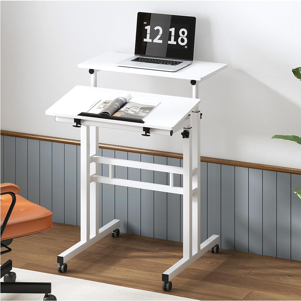 Garvee Mesa de Ordenador Ajustable en Altura 70-110 cm Escritorio de Pie Móvil con Ruedas Tablero Inclinable 60x60 cm Blanco