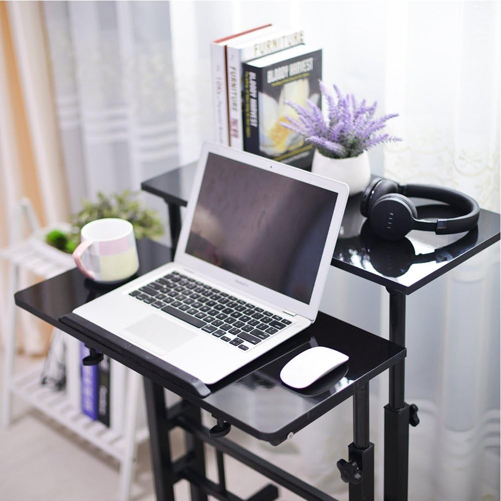 Garvee Escritorio Ajustable en Altura 70-115 cm Mesa Doble Inclinable con Ruedas y Freno Metal Pulido para Oficina y Hogar Negro