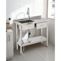 Garvee Fregadero Utility de Pie 99 cm Acero Inoxidable con Cajones para Cocina y Lavandería, Bacha Única, Estante Inferior, Agua Caliente y Fría, Plata