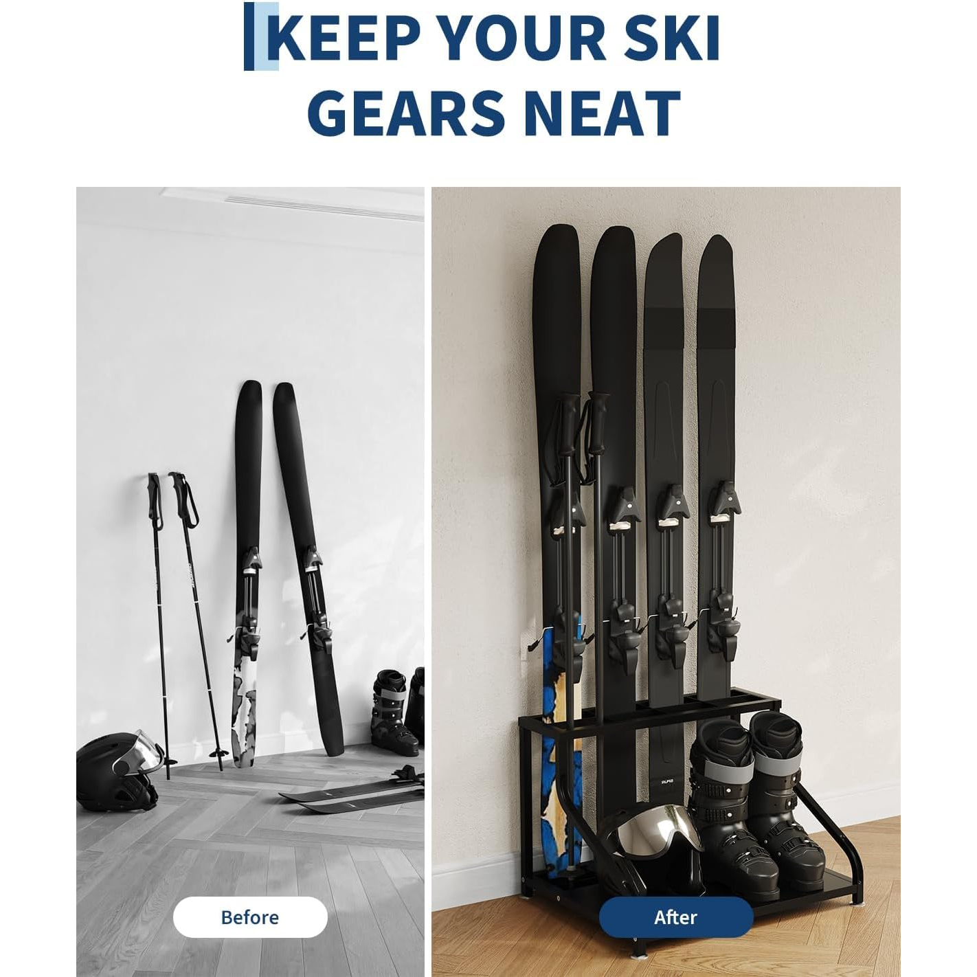 Garvee Soporte para Esquís de Acero Resistente, Modelo Frontal y Posterior, 58.4 × 40.6 × 47.8 cm, Organizador Multipropósito para Bastones y Cascos, Compacto para Garaje y Sótano, Negro