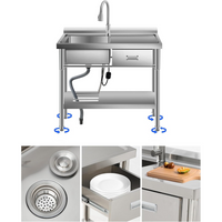 Garvee Fregadero Utility de Pie 99 cm Acero Inoxidable con Cajones para Cocina y Lavandería, Bacha Única, Estante Inferior, Agua Caliente y Fría, Plata