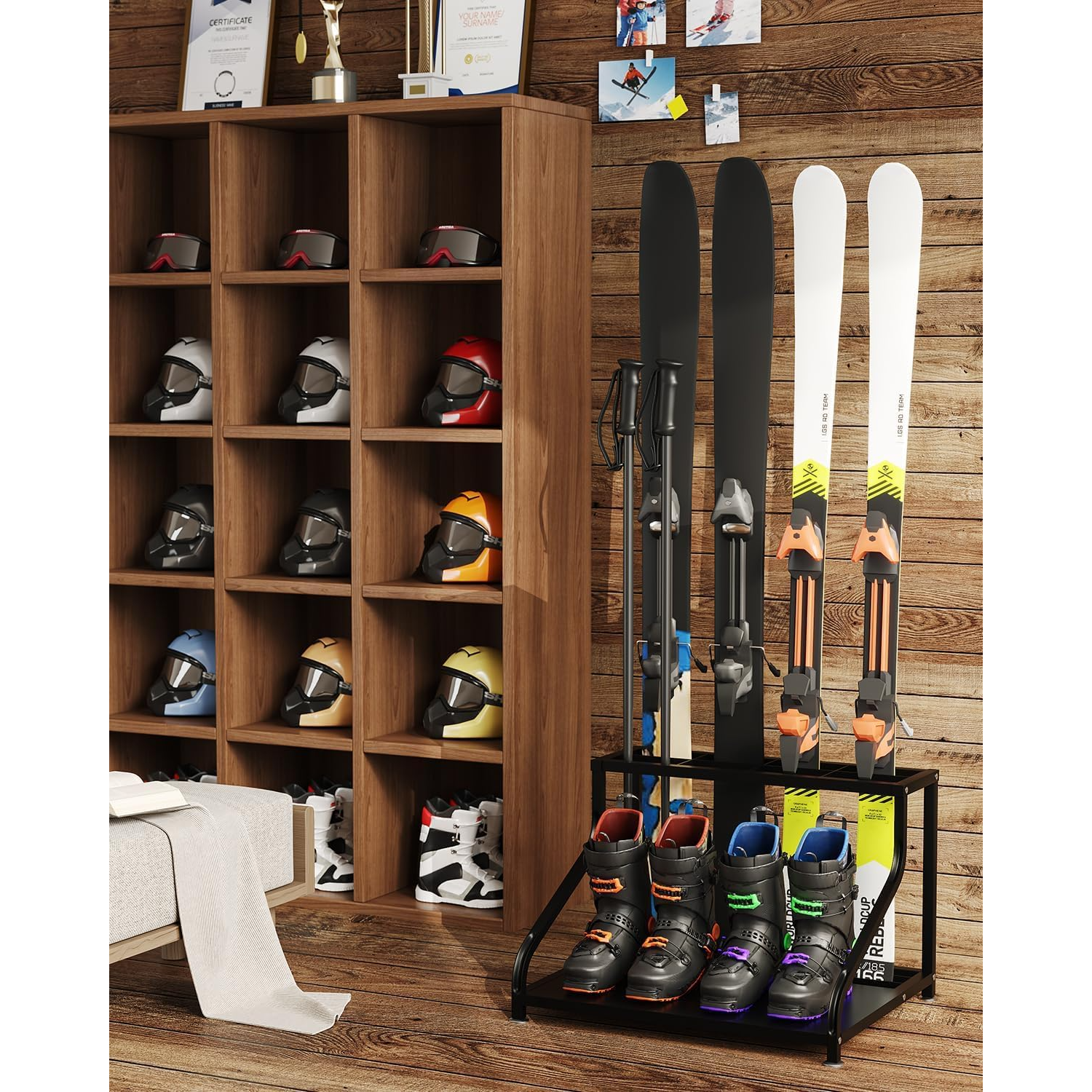 Garvee Soporte para Esquís de Acero Resistente, Modelo Frontal y Posterior, 58.4 × 40.6 × 47.8 cm, Organizador Multipropósito para Bastones y Cascos, Compacto para Garaje y Sótano, Negro