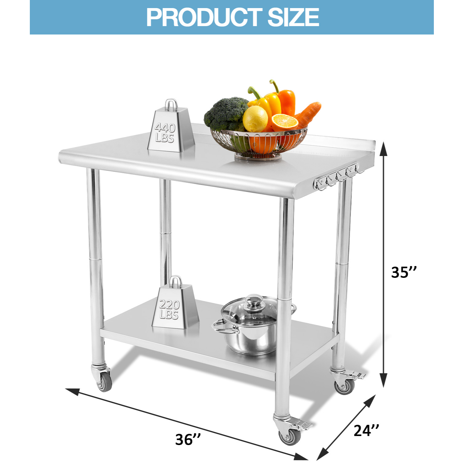 Garvee Mesa de Preparación con 5 Ganchos y Ruedas  Mueble de Acero Inoxidable para Cocina