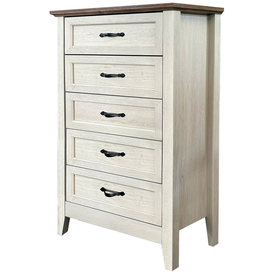 Garvee Cómoda Retro de 5 Cajones de MDF y Tablero de Partículas, Superficie Impermeable con Anclaje Antivuelco y Patas de Madera, 40 x 70 x 114 cm, Roble Blanco