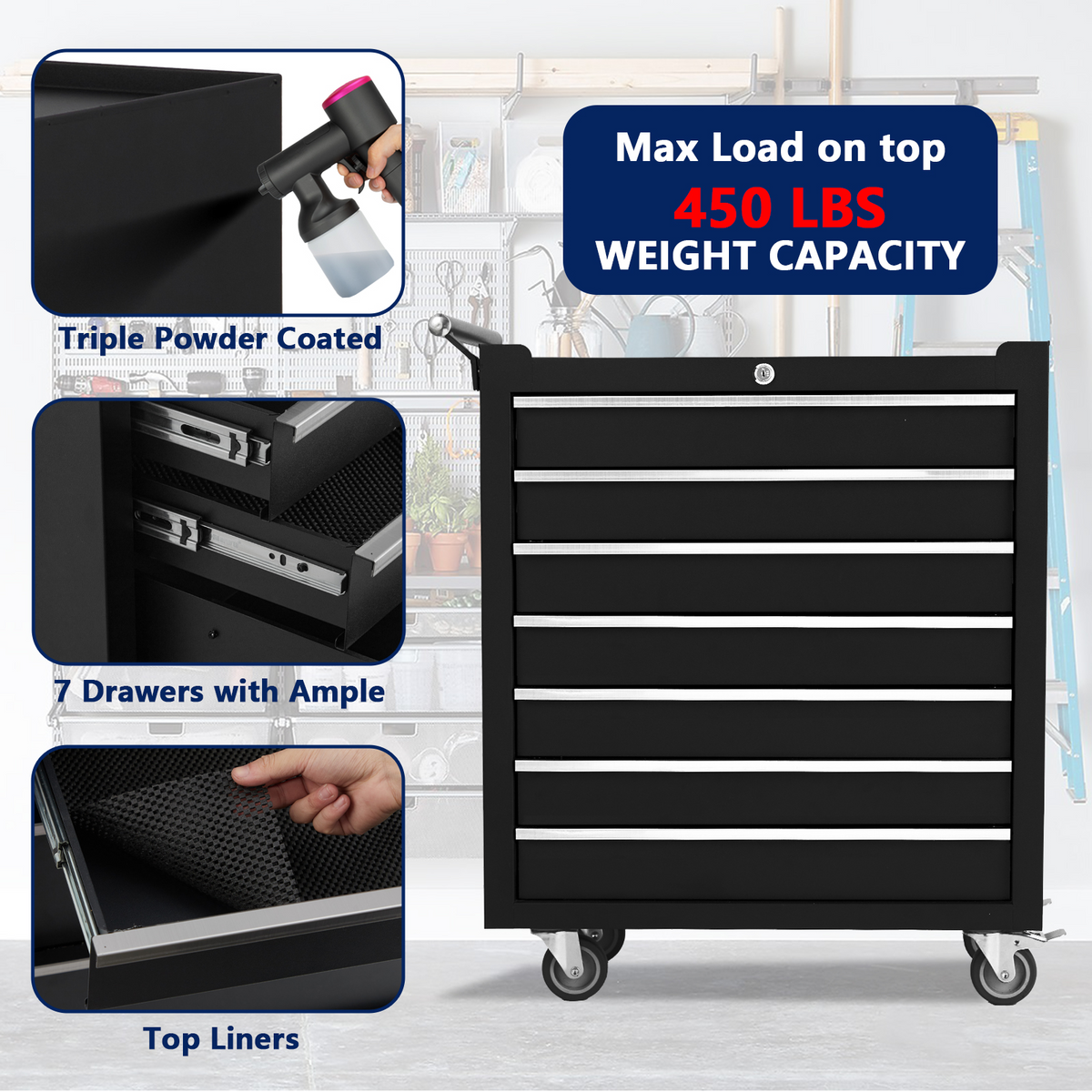 Garvee Carro de Herramientas con 7 Cajones y Ruedas de Acero Laminado en Frío para Garaje y Taller 61 cm Negro
