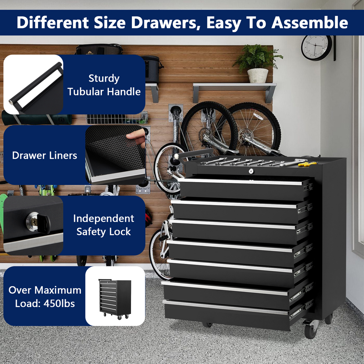 Garvee Carro de Herramientas con 7 Cajones y Ruedas de Acero Laminado en Frío para Garaje y Taller 61 cm Negro