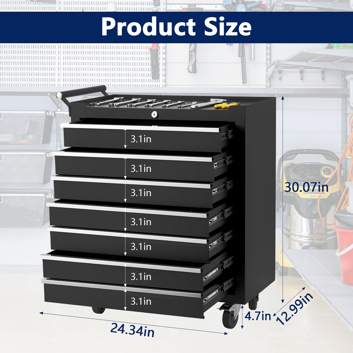 Garvee Carro de Herramientas con 7 Cajones y Ruedas de Acero Laminado en Frío para Garaje y Taller 61 cm Negro