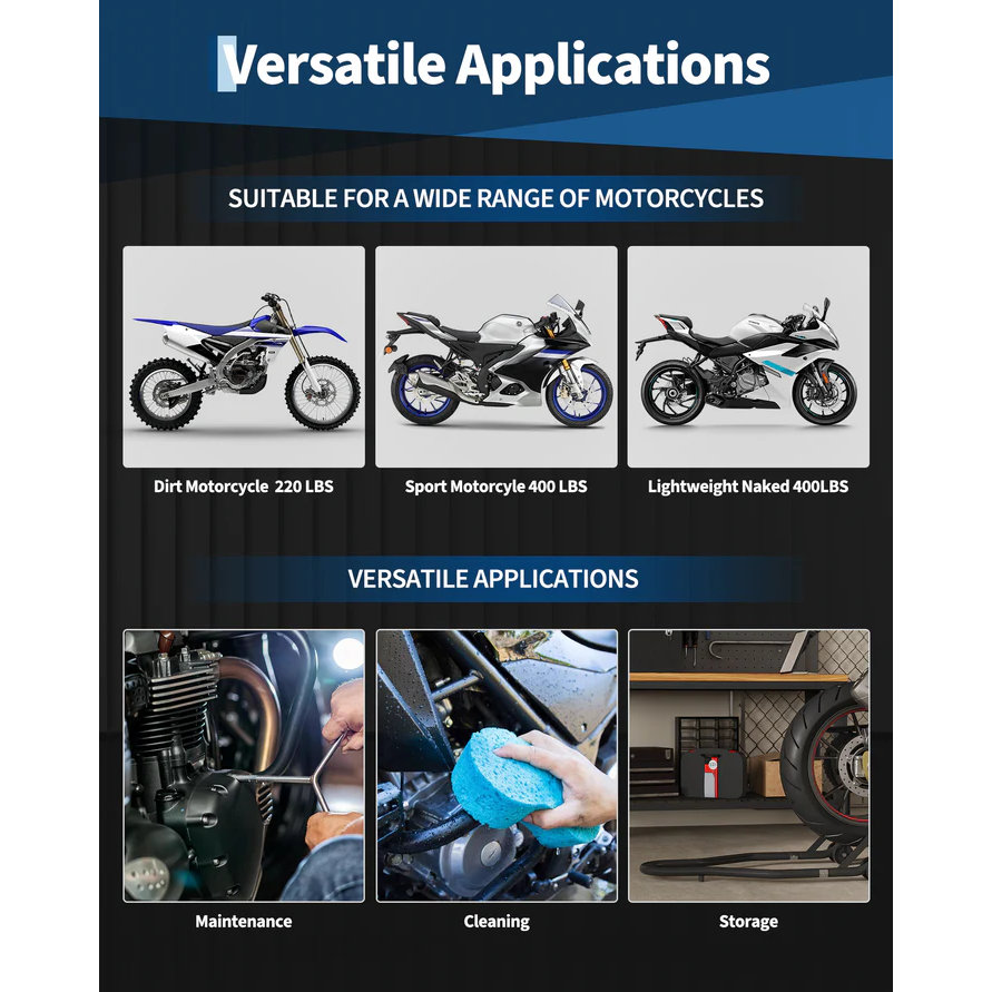 Garvee Soporte Elevador para Motocicleta 408 kg Capacidad Ajustable U+L Acero Resistente con Rodillos para Taller y Mantenimiento