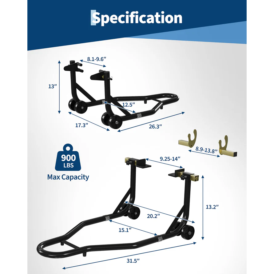 Garvee Soporte Elevador para Motocicleta 408 kg Capacidad Ajustable U+L Acero Resistente con Rodillos para Taller y Mantenimiento