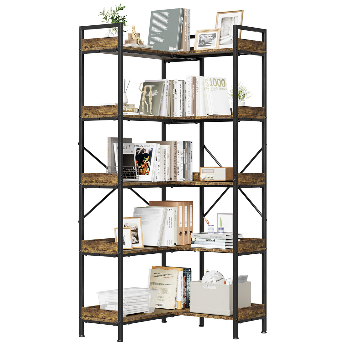 Garvee Estantería Triple de 5 Niveles con Estructura de Acero y Tablero 14 Estantes Abiertos 4 Ganchos para Sala y Oficina 109x25x160 cm Rústico