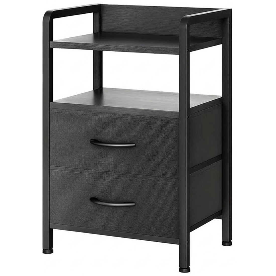 Garvee Mesita de Noche Moderna con 2 Cajones de Tela y Estante, Mesa Auxiliar Compacta de Acero y Madera para Salón y Dormitorio, Negro