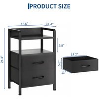 Garvee Mesita de Noche Moderna con 2 Cajones de Tela y Estante, Mesa Auxiliar Compacta de Acero y Madera para Salón y Dormitorio, Negro