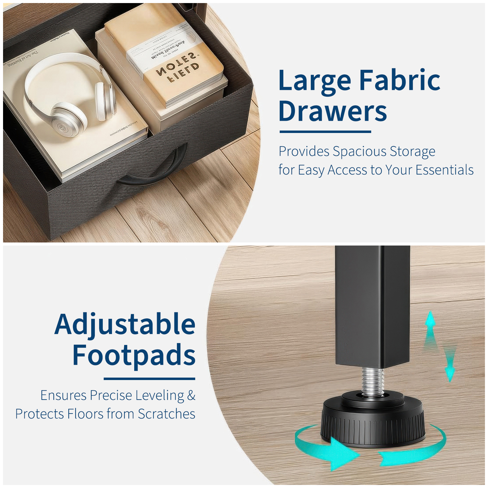 Garvee Mesita de Noche Moderna con 2 Cajones de Tela y Estante, Mesa Auxiliar Compacta de Acero y Madera para Salón y Dormitorio, Negro