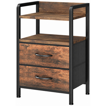 Garvee Mesita de Noche Industrial con 2 Cajones de Tela y Estante, Mesa Auxiliar Rústica de Acero y Madera para Salón y Dormitorio