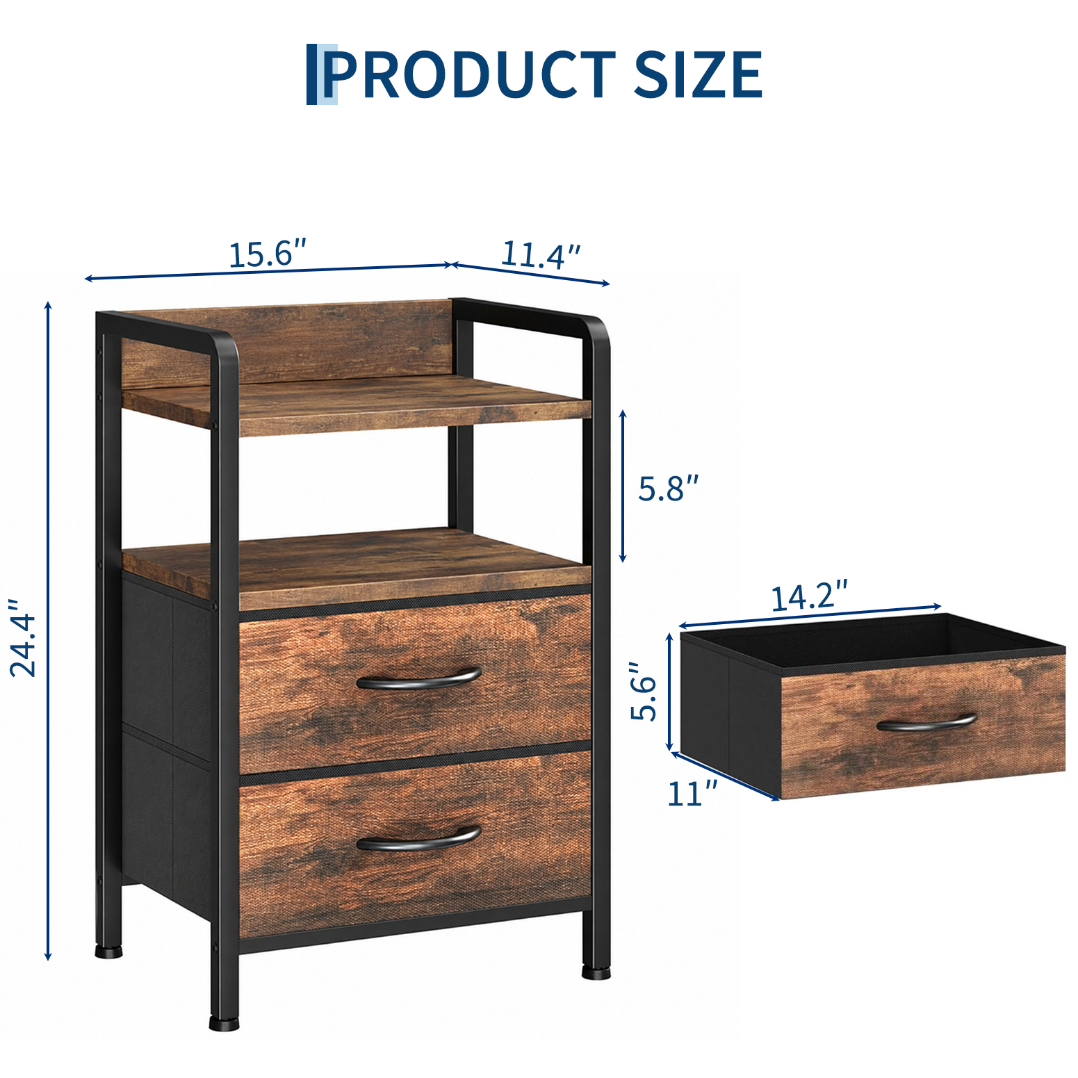 Garvee Mesita de Noche Industrial con 2 Cajones de Tela y Estante, Mesa Auxiliar Rústica de Acero y Madera para Salón y Dormitorio