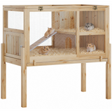 Garvee Jaula de Madera de Dos Niveles para Cobayas y Conejos, con Bandeja Extraíble, Rampa y Suelo Removible, 97x50x93 cm, Color Madera Natural - Madera Natural