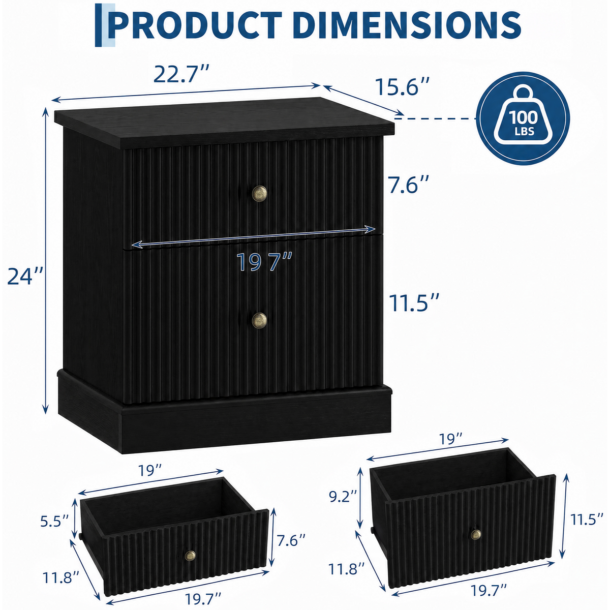 Garvee Mesita de Noche Moderna de MDF con 2 Cajones y Diseño Acanalado, Estructura Robusta de Madera para Dormitorio o Sala, 61 cm, Negro