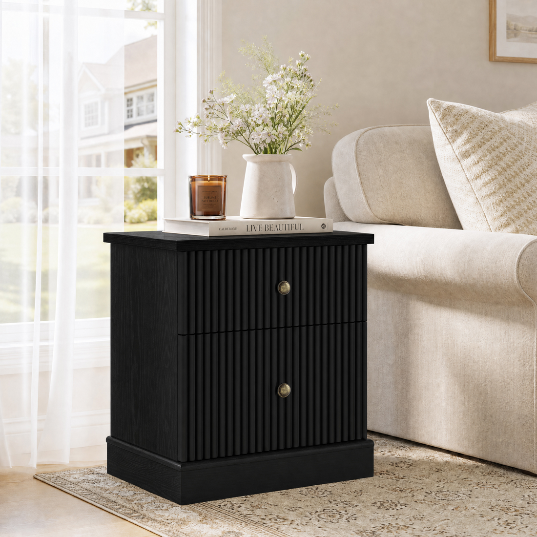 Garvee Mesita de Noche Moderna de MDF con 2 Cajones y Diseño Acanalado, Estructura Robusta de Madera para Dormitorio o Sala, 61 cm, Negro