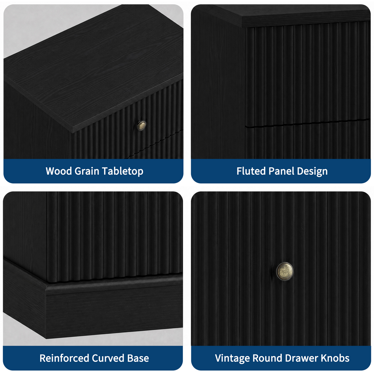 Garvee Mesita de Noche Moderna de MDF con 2 Cajones y Diseño Acanalado, Estructura Robusta de Madera para Dormitorio o Sala, 61 cm, Negro